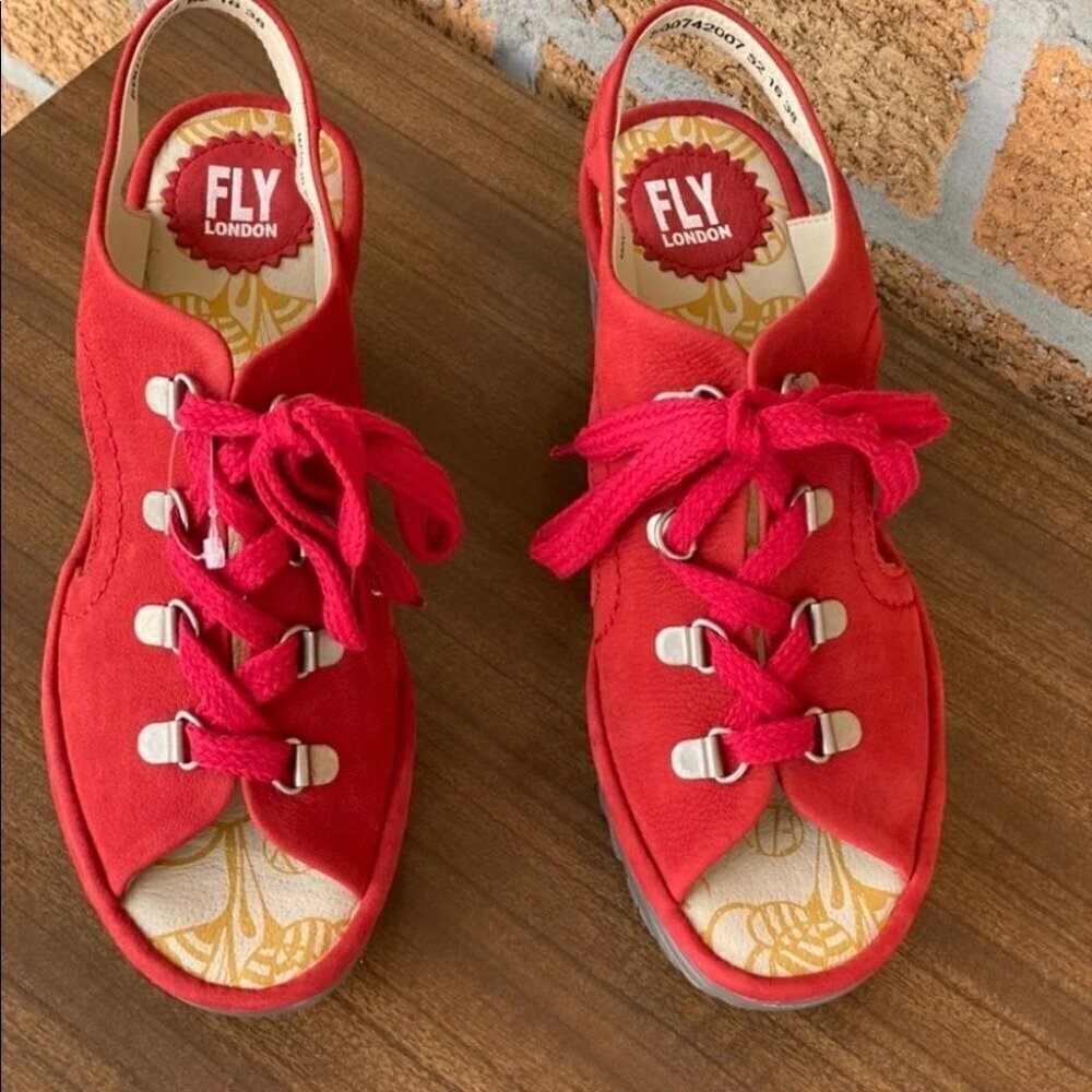 Fly London Ylfa Scarlet Red Leather Laced shoes 8 - Picture 2 of 11